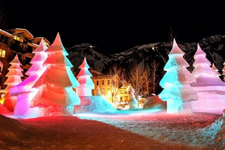 Snow sculptures made into trees in Teton Village, WY.