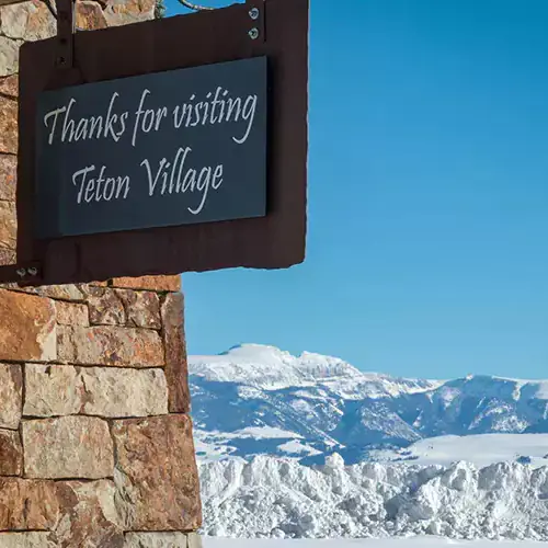 The Teton Village thank you sign near the entrance of Teton Village, WY.